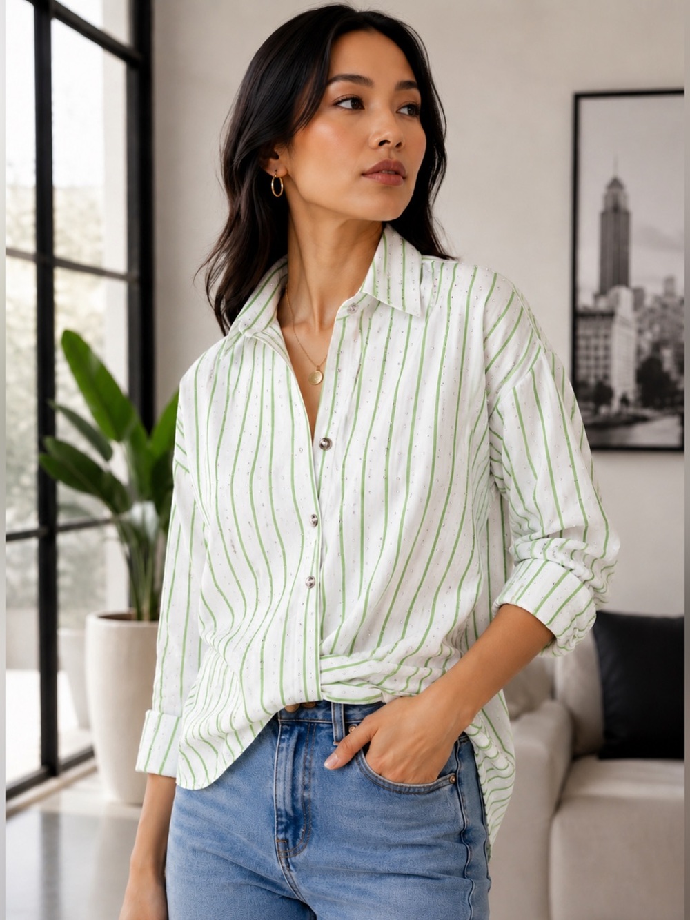 Amber Skies Rhinestone Sparkles Green Striped Button Front Shirt Blouse Size L